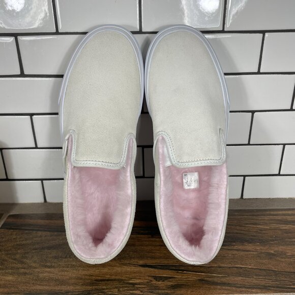 Vans Classic Slip On Platform Womens 8 Shoes Cream Suede Pink Faux Fur Sneaker - Picture 9 of 15